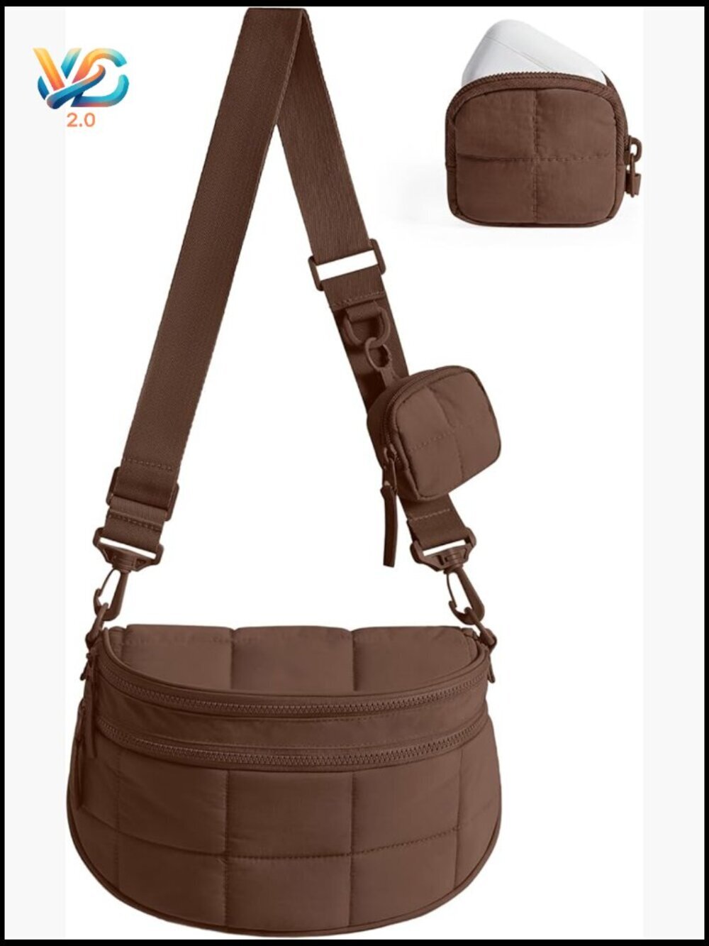 Quilted Puffer Crossbody Bag with Detachable Pouch, Structured Sling